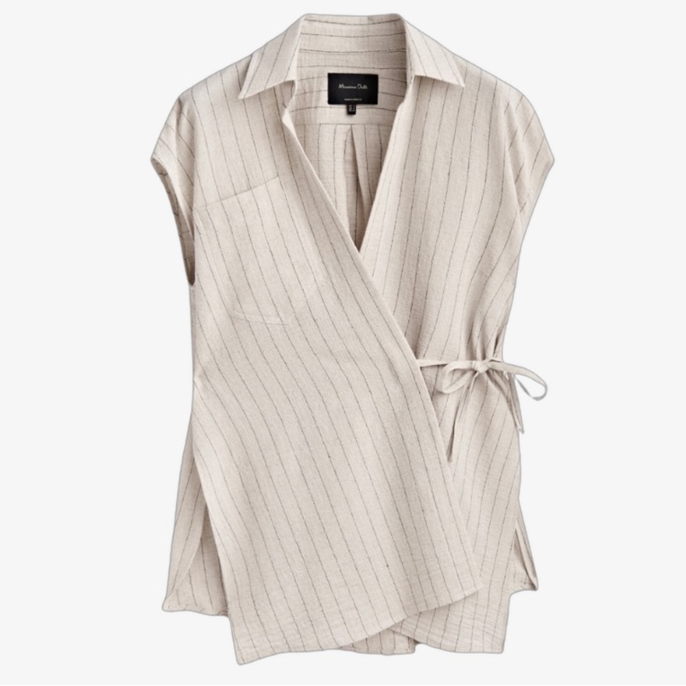 Massimo Dutti Beige Cotton/Linen Pinstriped Pajama-Style Top